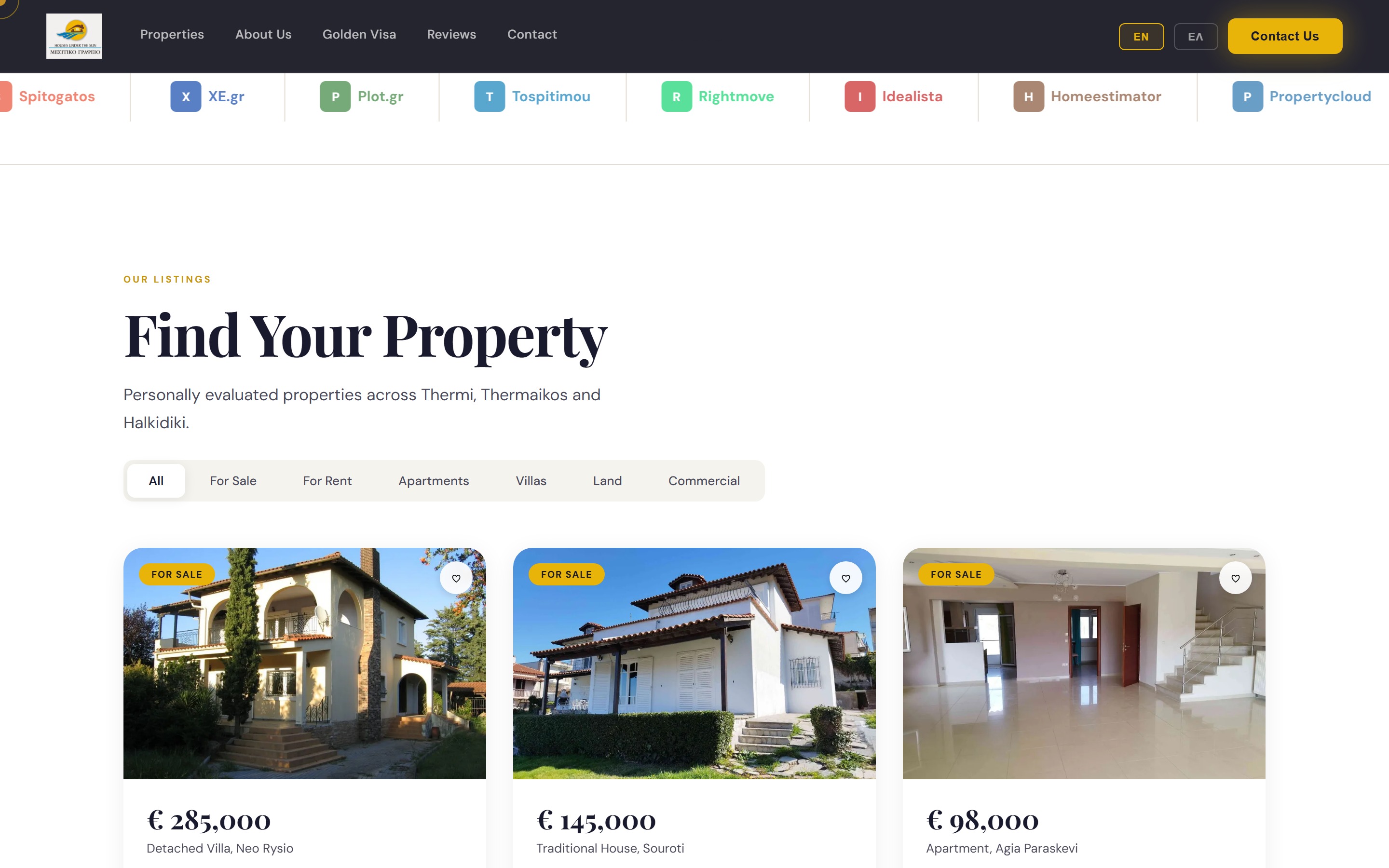 HUTS catalog grid — six property cards in a row, each with photo, price in serif numerals, location and tags. Filter pills above (All / For Sale / For Rent / Apartments / Villas / Land / Commercial).